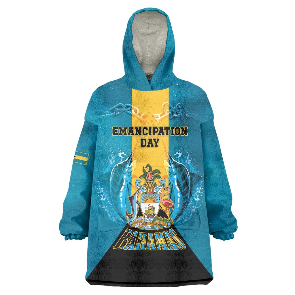 Personalized Bahamas Emancipation Day Wearable Blanket Hoodie Blue Marlin With Coat Of Arms - Wonder Print Shop