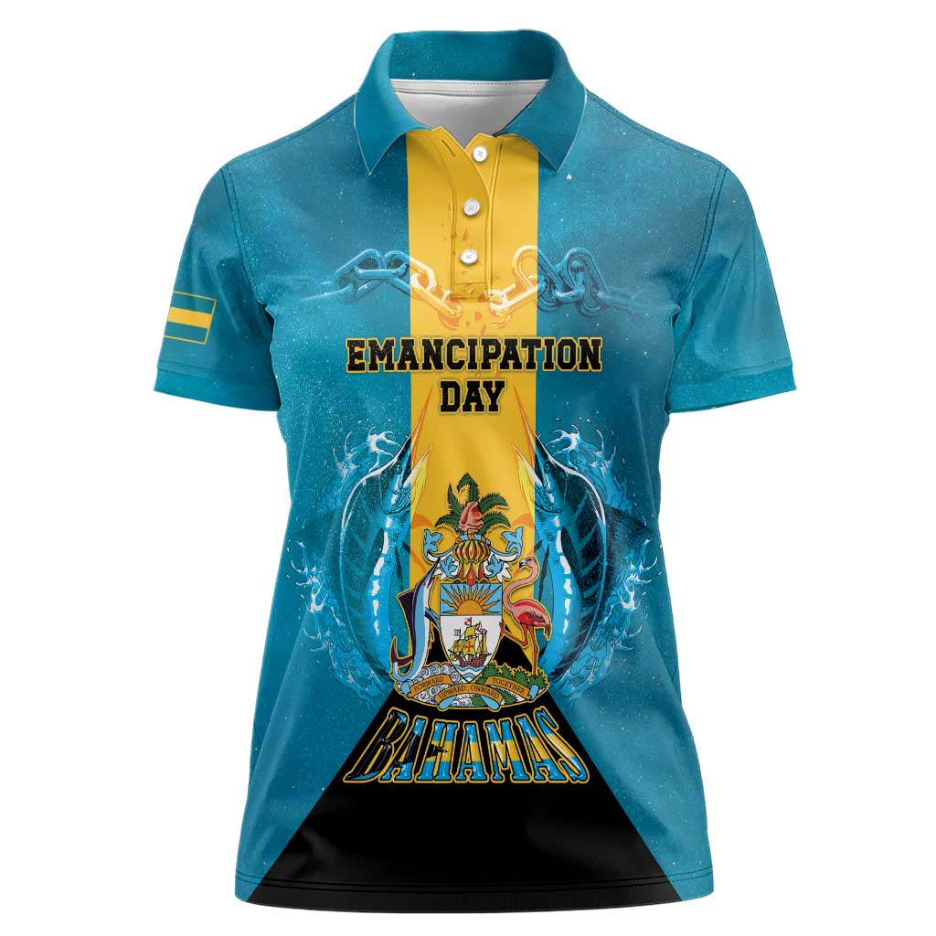 Personalized Bahamas Emancipation Day Women Polo Shirt Blue Marlin With Coat Of Arms - Wonder Print Shop