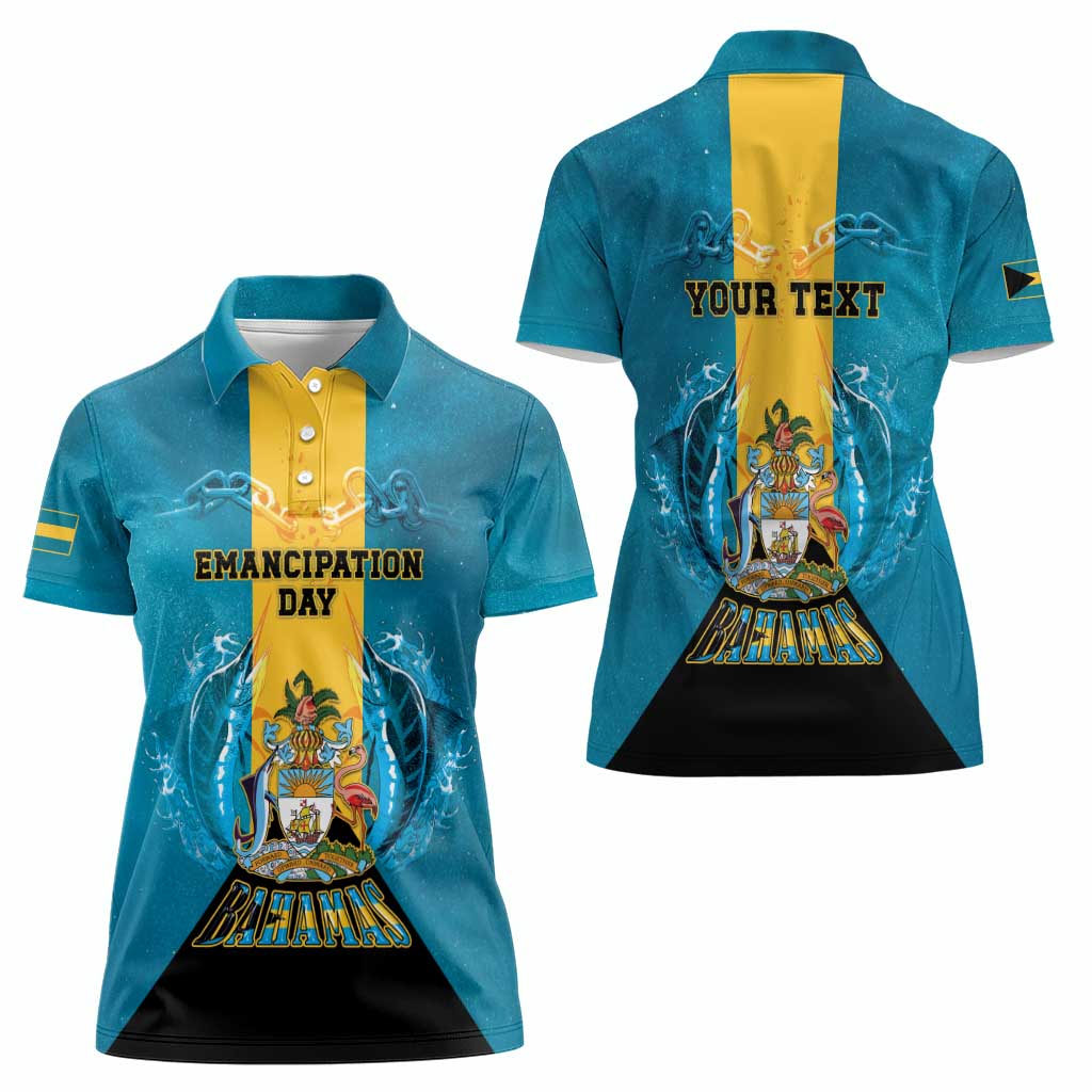 Personalized Bahamas Emancipation Day Women Polo Shirt Blue Marlin With Coat Of Arms - Wonder Print Shop