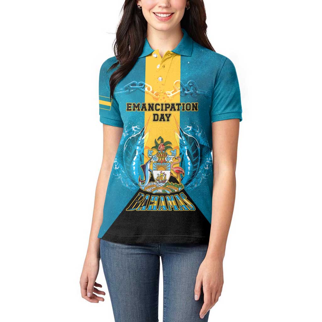 Personalized Bahamas Emancipation Day Women Polo Shirt Blue Marlin With Coat Of Arms - Wonder Print Shop