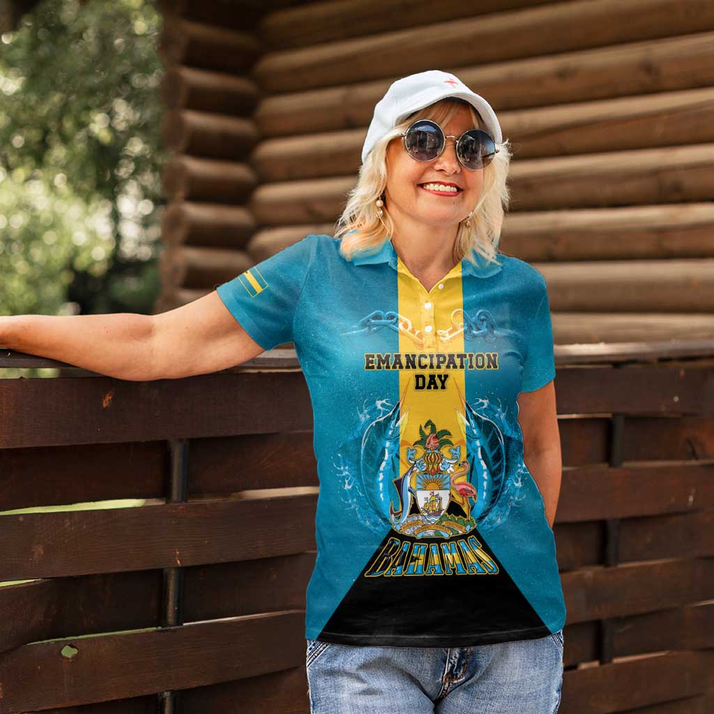 Personalized Bahamas Emancipation Day Women Polo Shirt Blue Marlin With Coat Of Arms - Wonder Print Shop