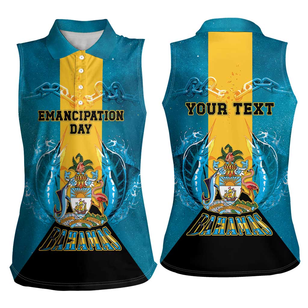 Personalized Bahamas Emancipation Day Women Sleeveless Polo Shirt Blue Marlin With Coat Of Arms - Wonder Print Shop
