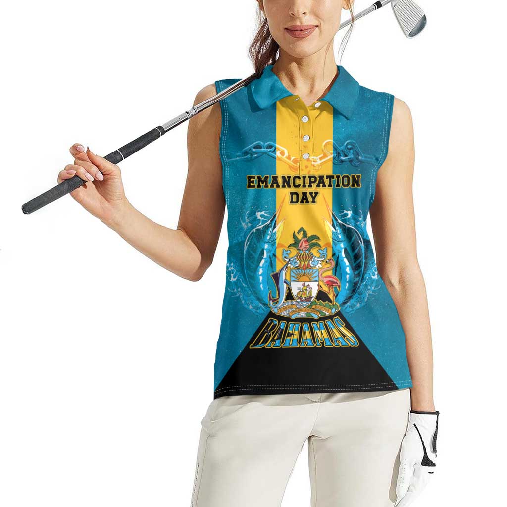 Personalized Bahamas Emancipation Day Women Sleeveless Polo Shirt Blue Marlin With Coat Of Arms - Wonder Print Shop