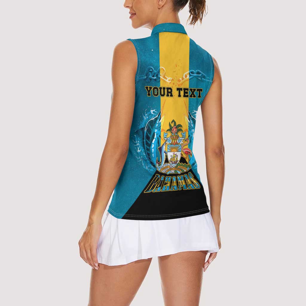 Personalized Bahamas Emancipation Day Women Sleeveless Polo Shirt Blue Marlin With Coat Of Arms - Wonder Print Shop