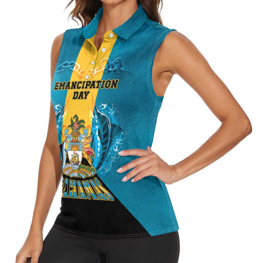 Personalized Bahamas Emancipation Day Women Sleeveless Polo Shirt Blue Marlin With Coat Of Arms - Wonder Print Shop