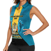 Personalized Bahamas Emancipation Day Women Sleeveless Polo Shirt Blue Marlin With Coat Of Arms - Wonder Print Shop