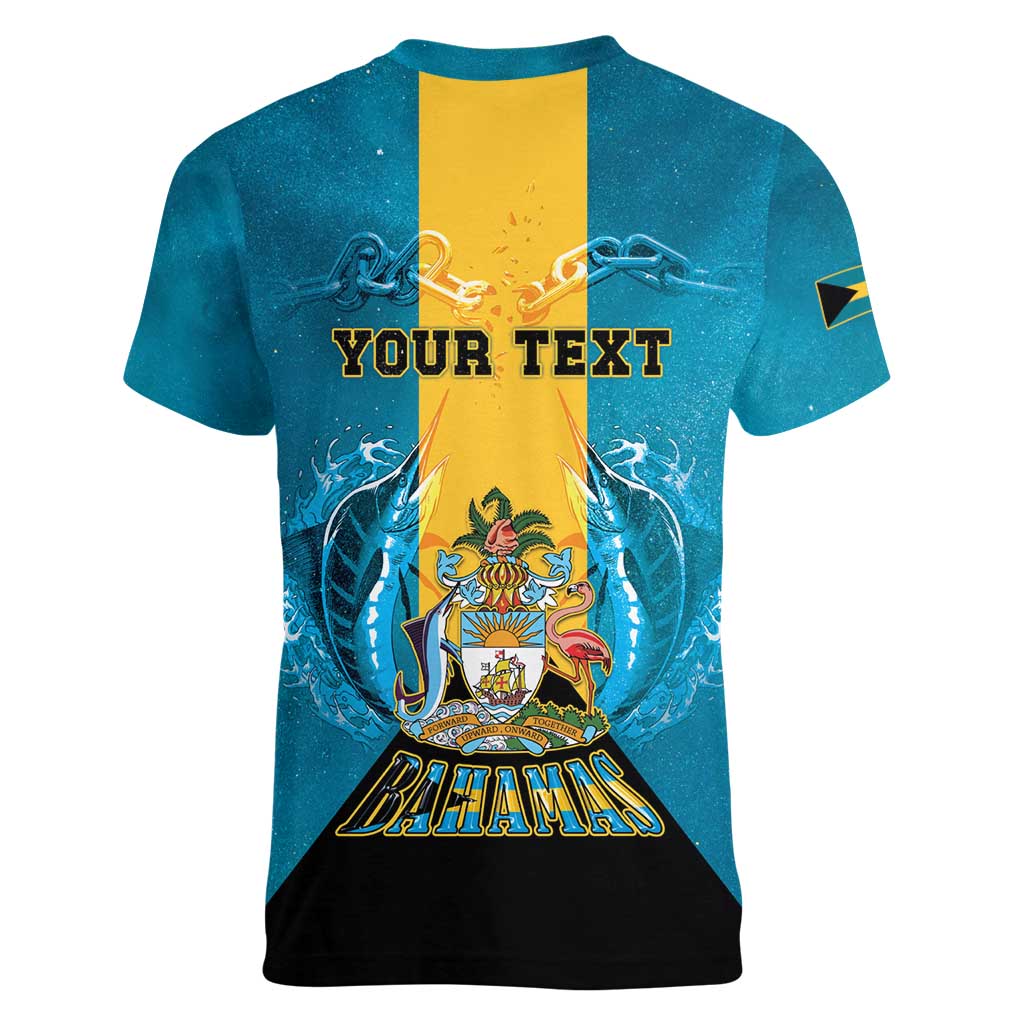Personalized Bahamas Emancipation Day Women V-Neck T-Shirt Blue Marlin With Coat Of Arms - Wonder Print Shop