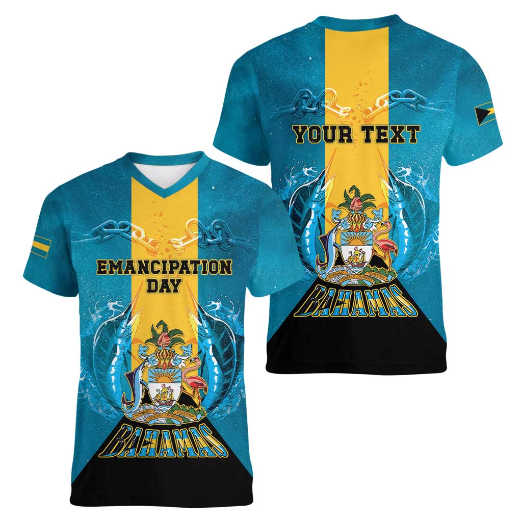 Personalized Bahamas Emancipation Day Women V-Neck T-Shirt Blue Marlin With Coat Of Arms - Wonder Print Shop
