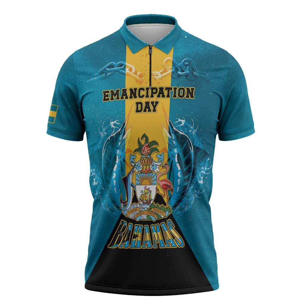 Personalized Bahamas Emancipation Day Zipper Polo Shirt Blue Marlin With Coat Of Arms - Wonder Print Shop