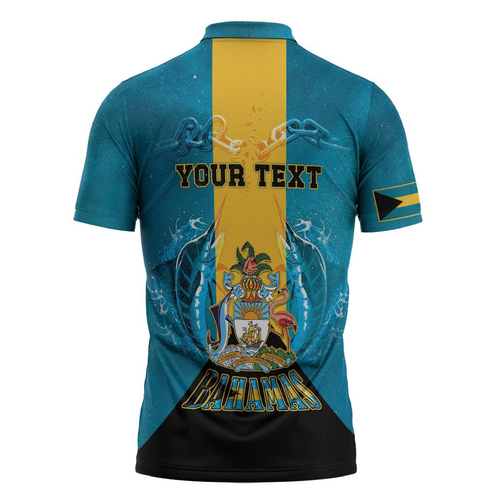 Personalized Bahamas Emancipation Day Zipper Polo Shirt Blue Marlin With Coat Of Arms - Wonder Print Shop
