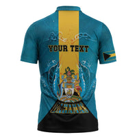 Personalized Bahamas Emancipation Day Zipper Polo Shirt Blue Marlin With Coat Of Arms - Wonder Print Shop