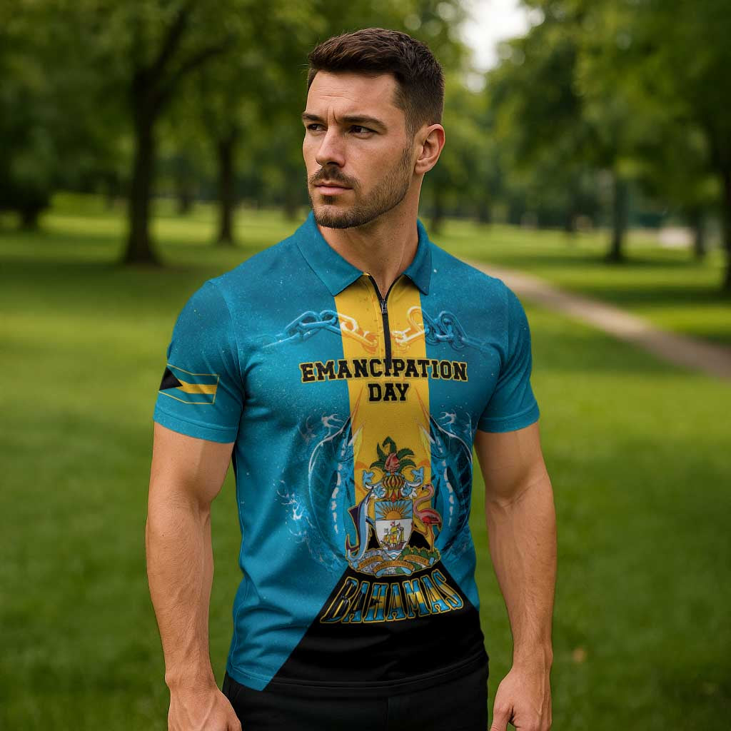 Personalized Bahamas Emancipation Day Zipper Polo Shirt Blue Marlin With Coat Of Arms - Wonder Print Shop