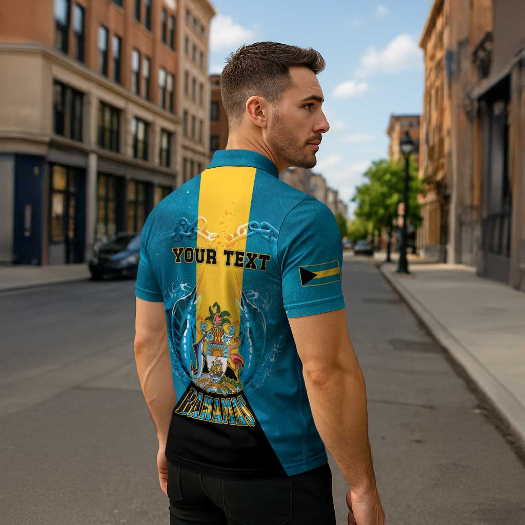 Personalized Bahamas Emancipation Day Zipper Polo Shirt Blue Marlin With Coat Of Arms - Wonder Print Shop