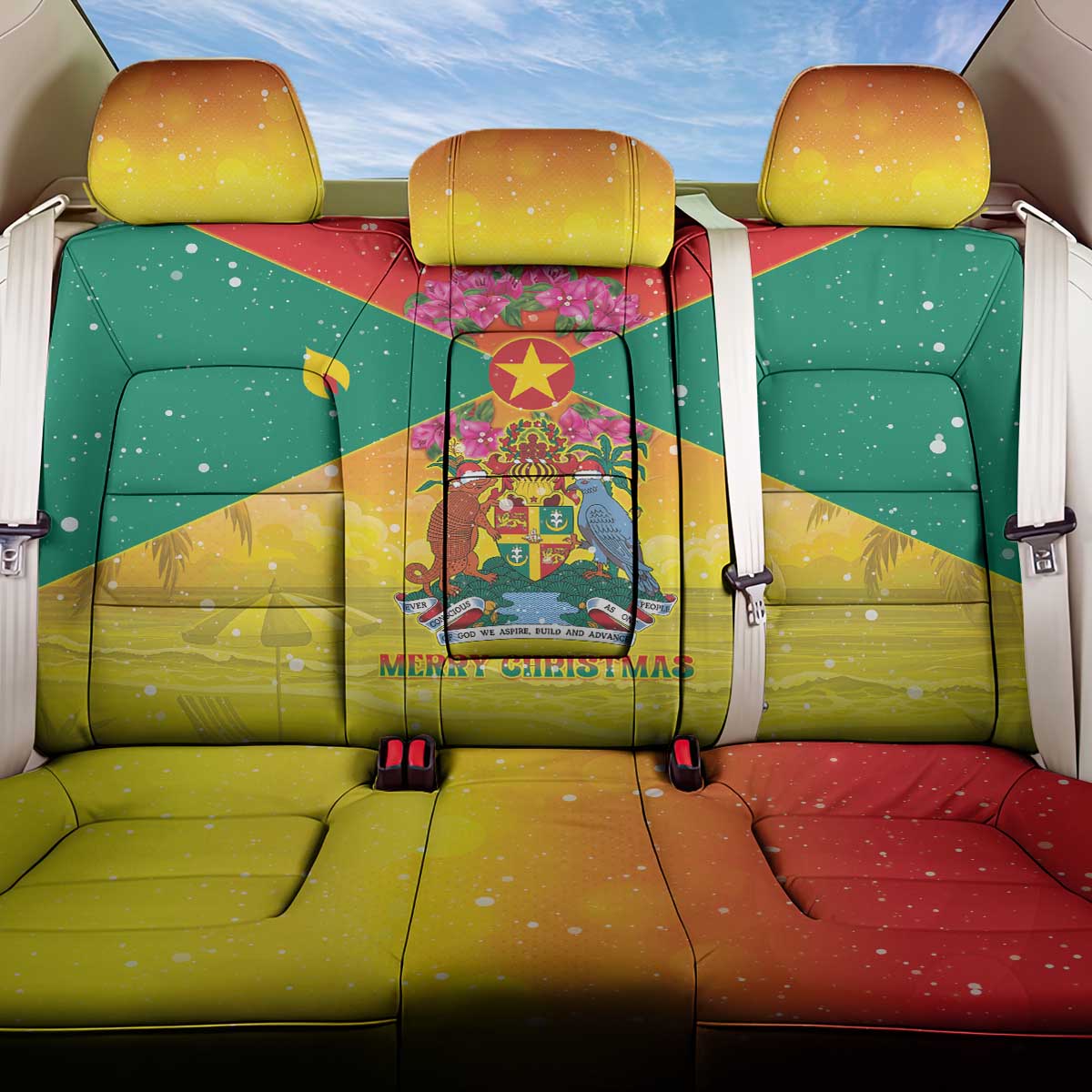 Grenada Christmas Back Car Seat Cover Coat Of Arms Bougainvillea Wreath - Wonder Print Shop
