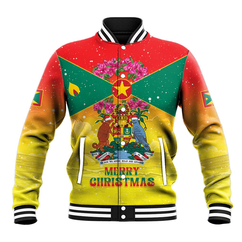 Personalized Grenada Christmas Baseball Jacket Coat Of Arms Bougainvillea Wreath - Wonder Print Shop