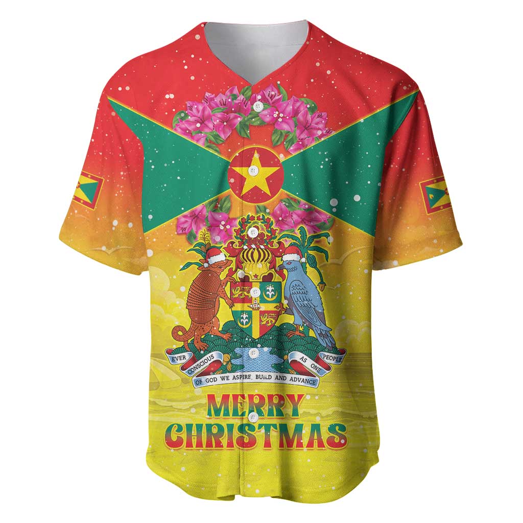 Personalized Grenada Christmas Baseball Jersey Coat Of Arms Bougainvillea Wreath - Wonder Print Shop