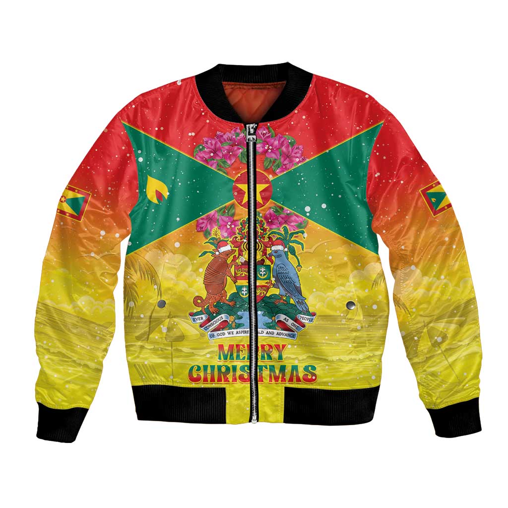 Personalized Grenada Christmas Bomber Jacket Coat Of Arms Bougainvillea Wreath - Wonder Print Shop