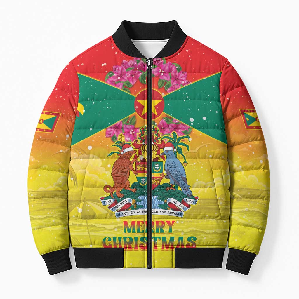 Personalized Grenada Christmas Bomber Puffer Jacket Coat Of Arms Bougainvillea Wreath - Wonder Print Shop