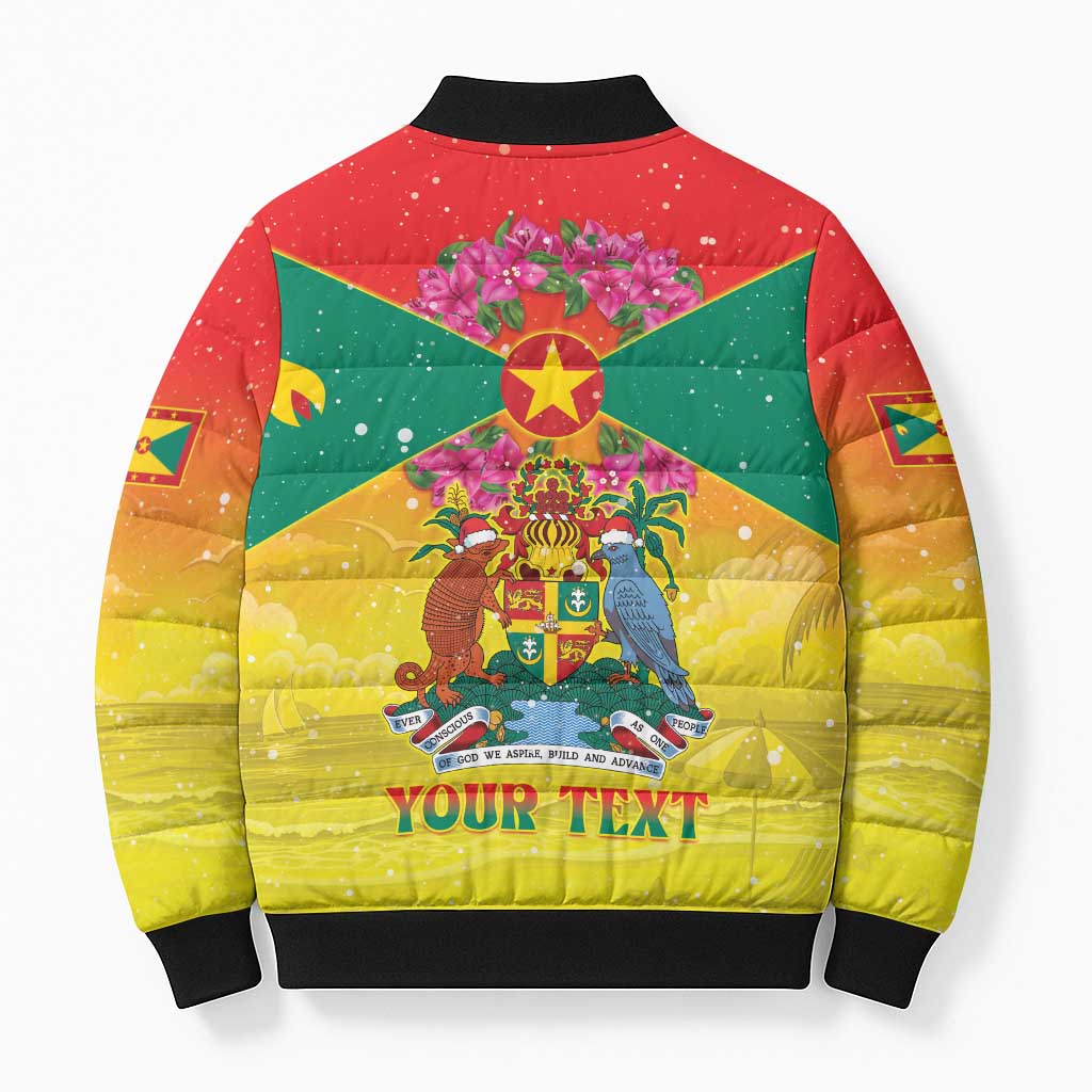 Personalized Grenada Christmas Bomber Puffer Jacket Coat Of Arms Bougainvillea Wreath - Wonder Print Shop