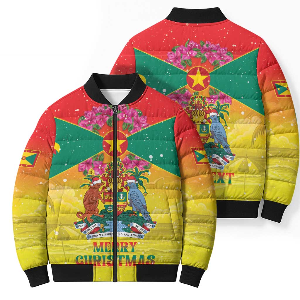Personalized Grenada Christmas Bomber Puffer Jacket Coat Of Arms Bougainvillea Wreath - Wonder Print Shop