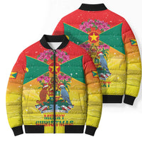 Personalized Grenada Christmas Bomber Puffer Jacket Coat Of Arms Bougainvillea Wreath - Wonder Print Shop