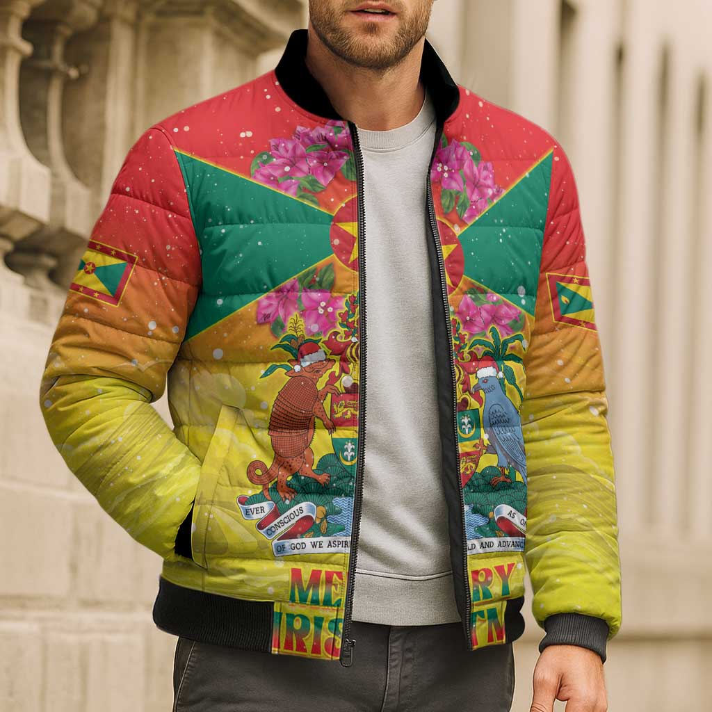 Personalized Grenada Christmas Bomber Puffer Jacket Coat Of Arms Bougainvillea Wreath - Wonder Print Shop