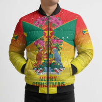 Personalized Grenada Christmas Bomber Puffer Jacket Coat Of Arms Bougainvillea Wreath - Wonder Print Shop