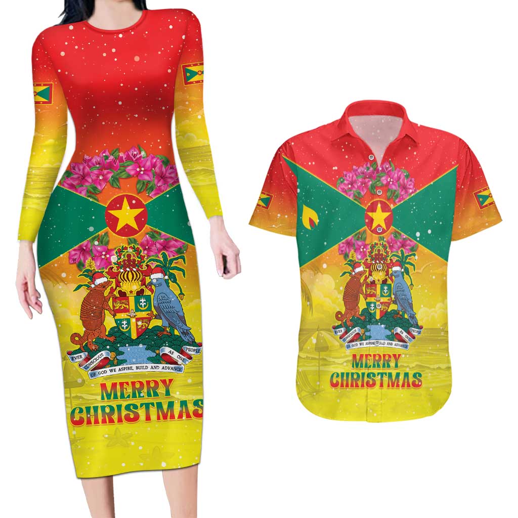 Personalized Grenada Christmas Couples Matching Long Sleeve Bodycon Dress and Hawaiian Shirt Coat Of Arms Bougainvillea Wreath - Wonder Print Shop