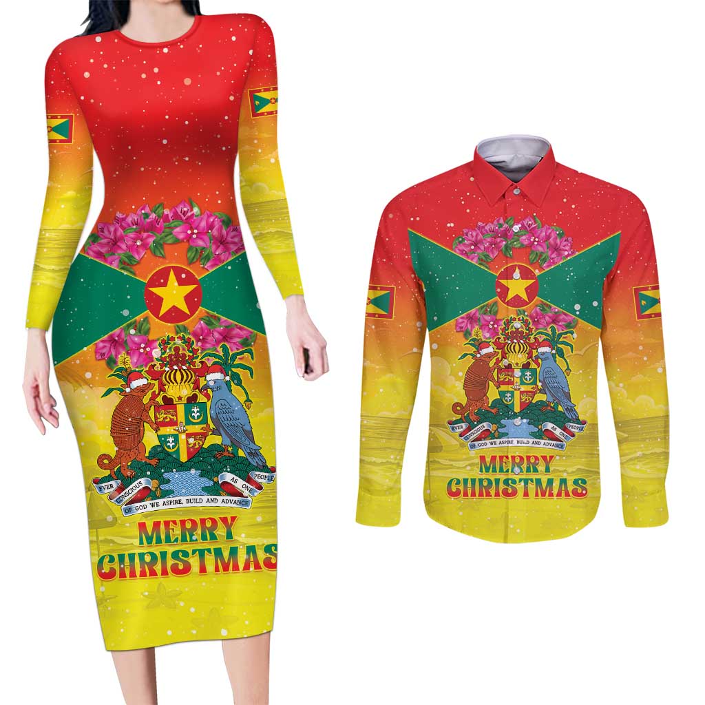 Personalized Grenada Christmas Couples Matching Long Sleeve Bodycon Dress and Long Sleeve Button Shirt Coat Of Arms Bougainvillea Wreath - Wonder Print Shop