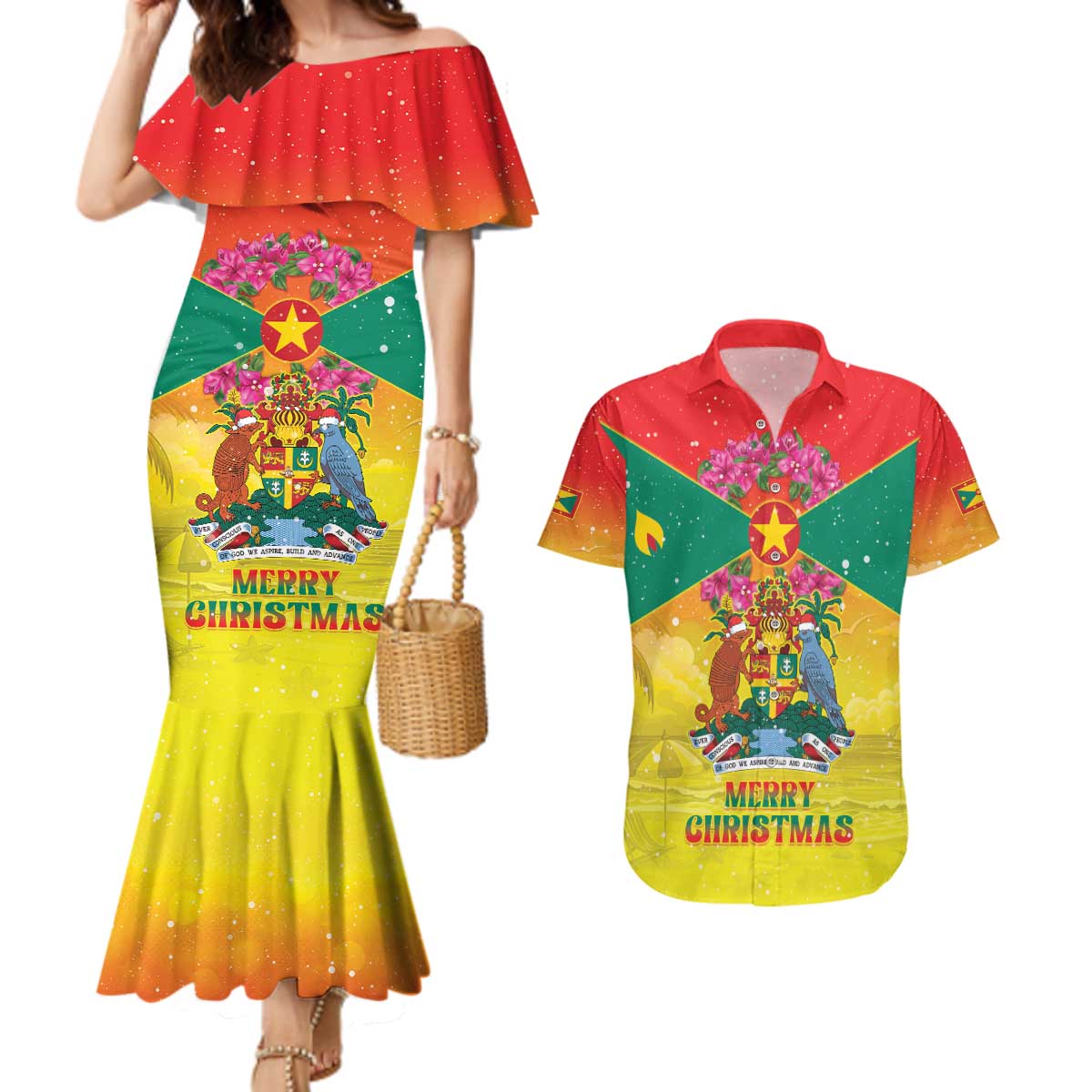 Personalized Grenada Christmas Couples Matching Mermaid Dress and Hawaiian Shirt Coat Of Arms Bougainvillea Wreath - Wonder Print Shop