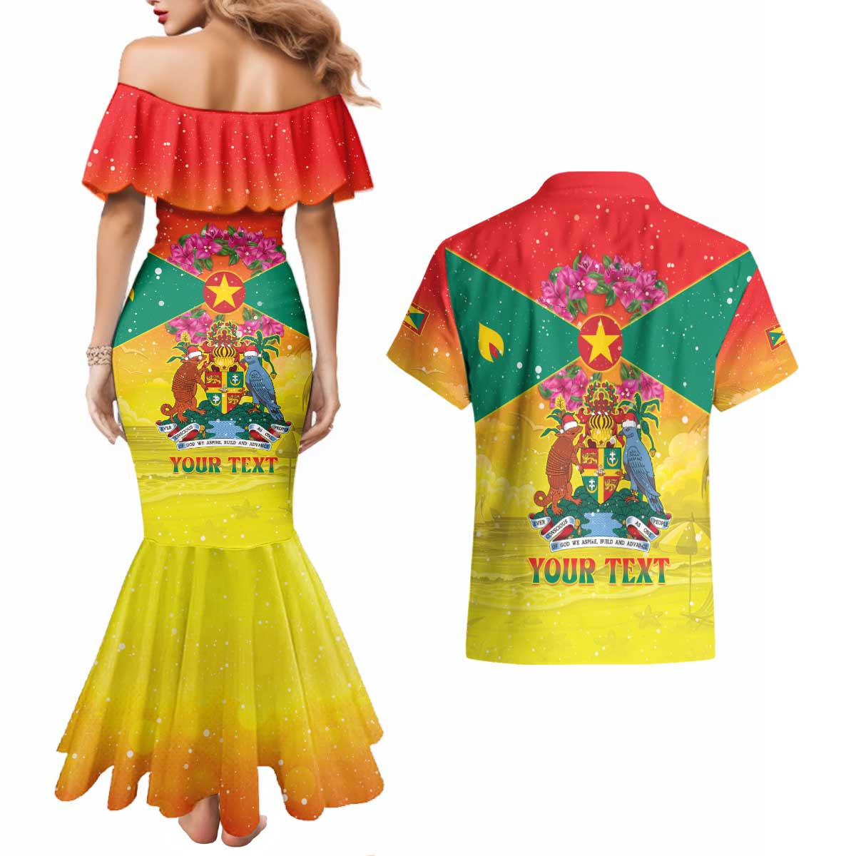 Personalized Grenada Christmas Couples Matching Mermaid Dress and Hawaiian Shirt Coat Of Arms Bougainvillea Wreath - Wonder Print Shop