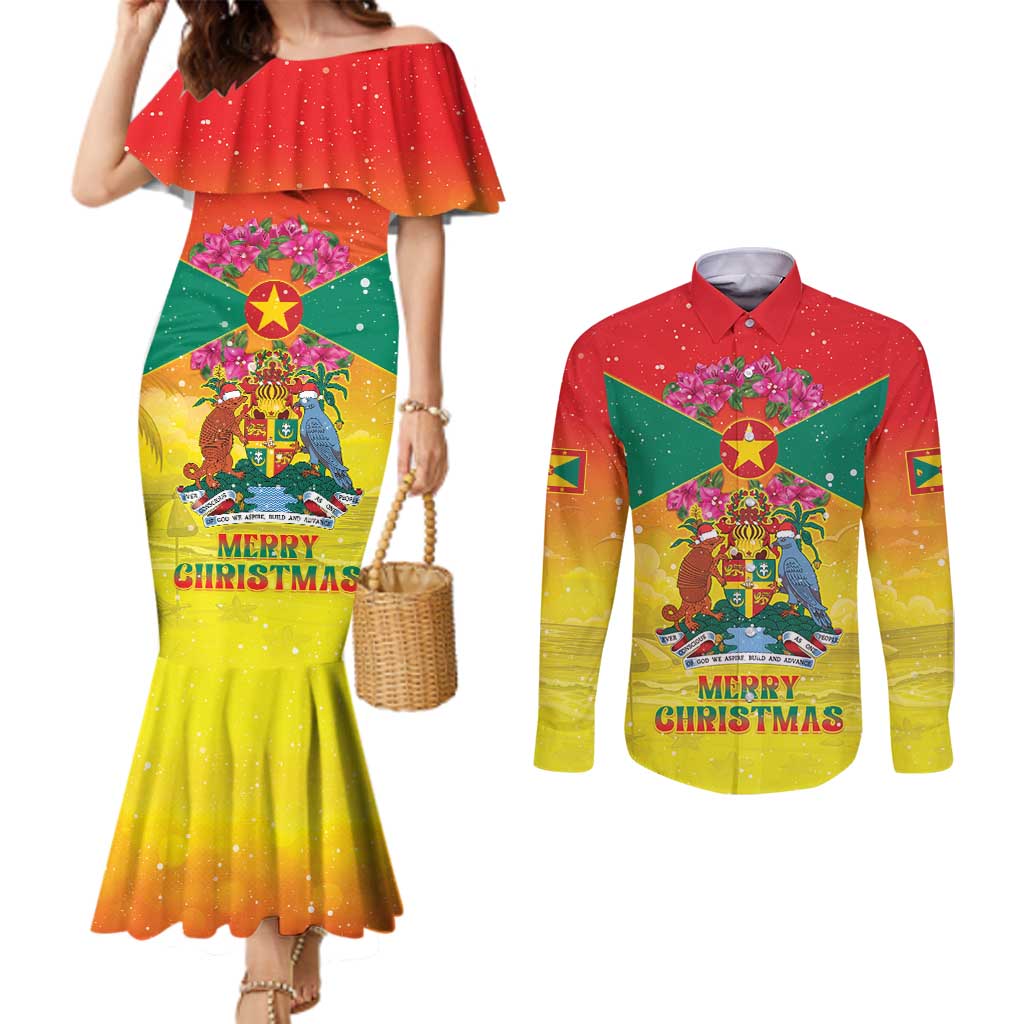 Personalized Grenada Christmas Couples Matching Mermaid Dress and Long Sleeve Button Shirt Coat Of Arms Bougainvillea Wreath - Wonder Print Shop