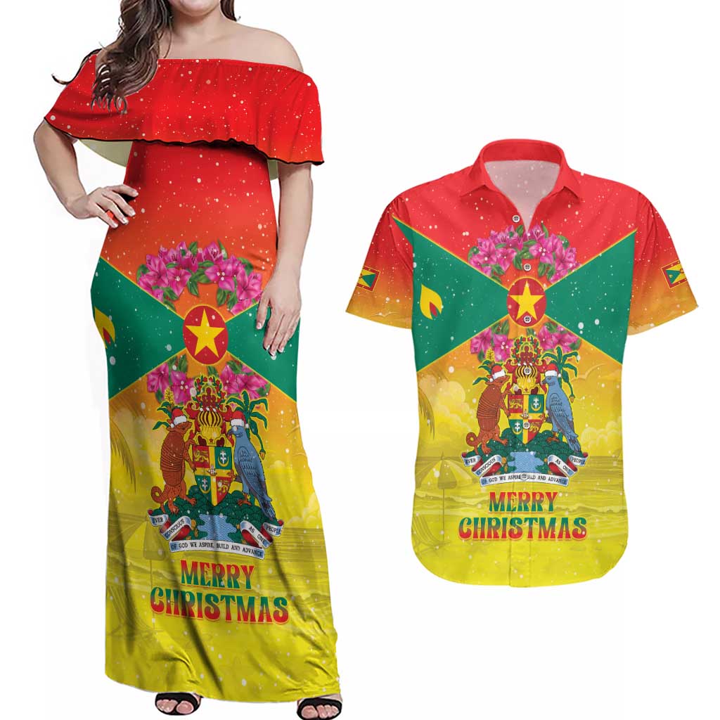 Personalized Grenada Christmas Couples Matching Off Shoulder Maxi Dress and Hawaiian Shirt Coat Of Arms Bougainvillea Wreath - Wonder Print Shop
