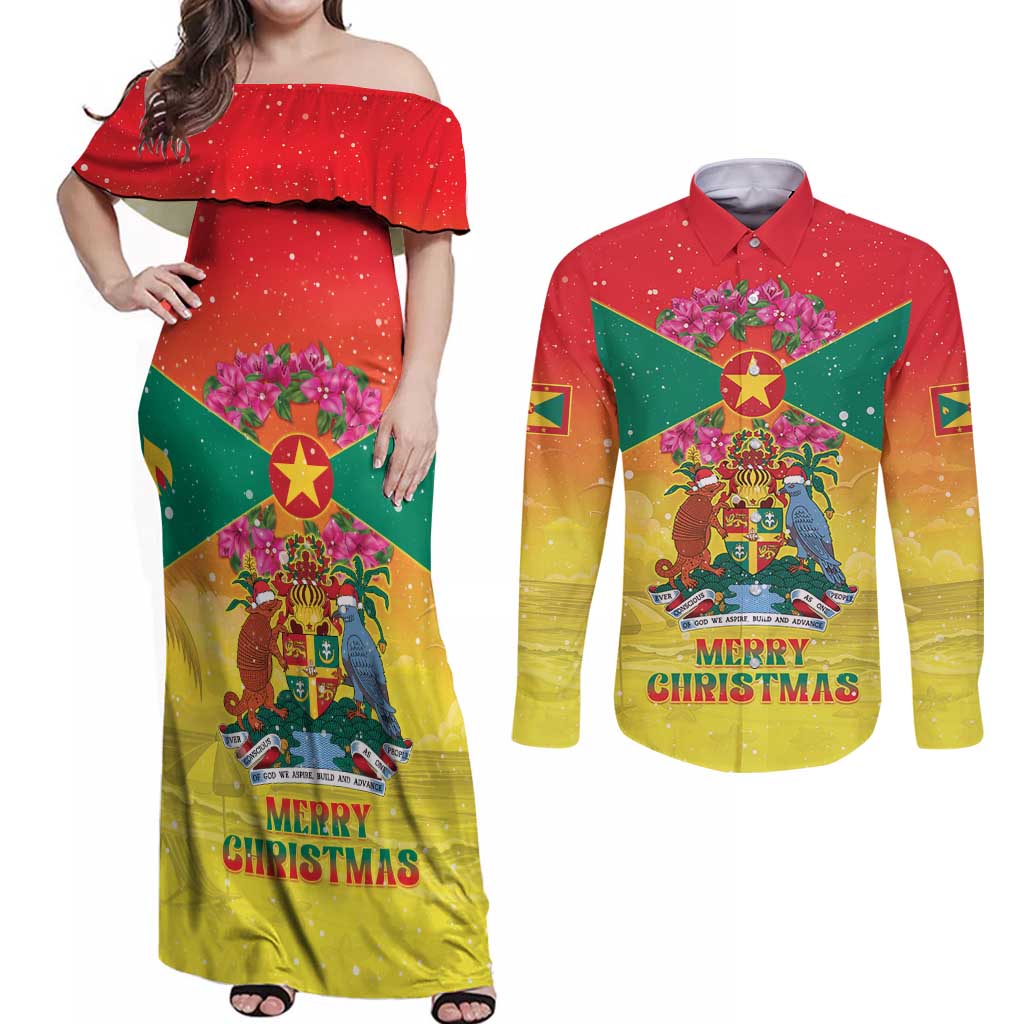 Personalized Grenada Christmas Couples Matching Off Shoulder Maxi Dress and Long Sleeve Button Shirt Coat Of Arms Bougainvillea Wreath - Wonder Print Shop