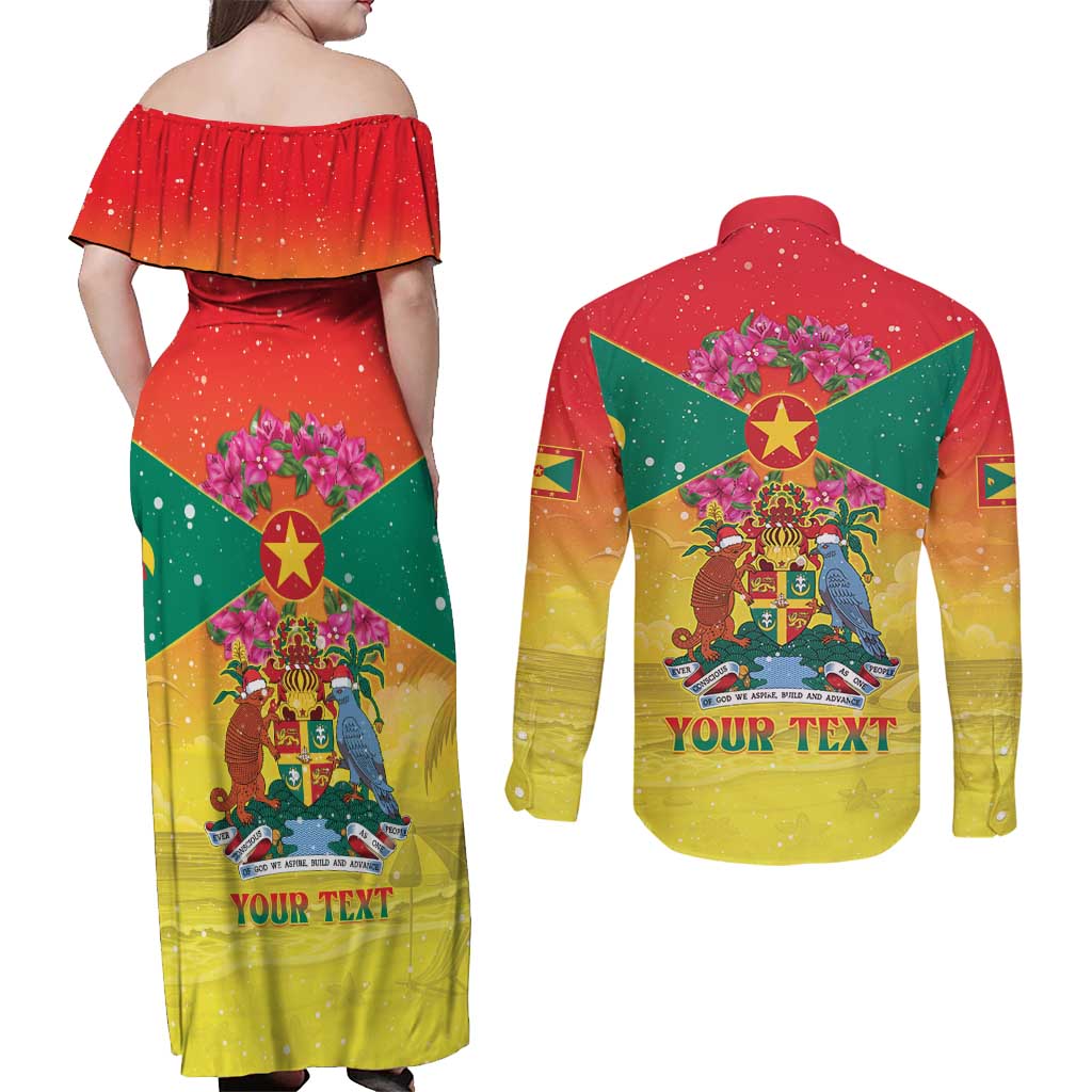 Personalized Grenada Christmas Couples Matching Off Shoulder Maxi Dress and Long Sleeve Button Shirt Coat Of Arms Bougainvillea Wreath - Wonder Print Shop