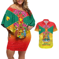 Personalized Grenada Christmas Couples Matching Off Shoulder Short Dress and Hawaiian Shirt Coat Of Arms Bougainvillea Wreath - Wonder Print Shop