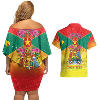 Personalized Grenada Christmas Couples Matching Off Shoulder Short Dress and Hawaiian Shirt Coat Of Arms Bougainvillea Wreath - Wonder Print Shop