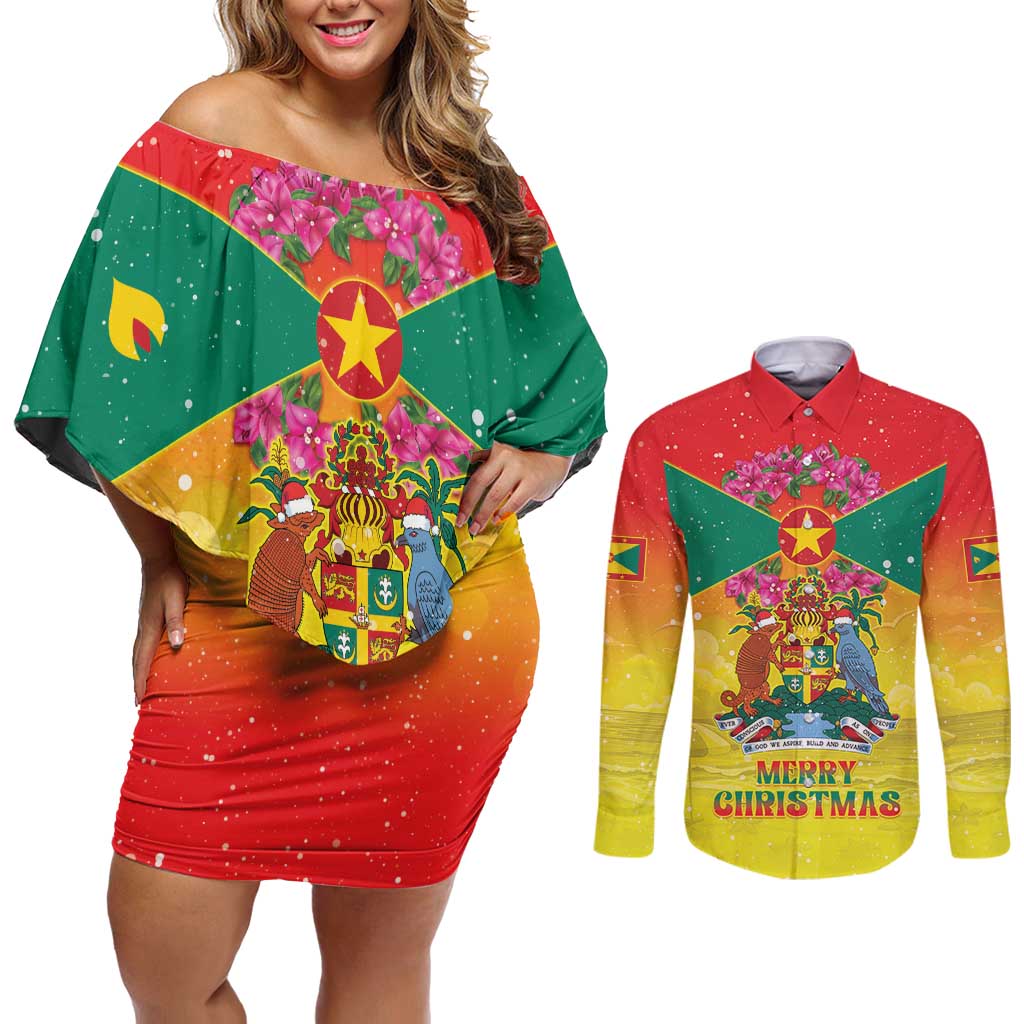 Personalized Grenada Christmas Couples Matching Off Shoulder Short Dress and Long Sleeve Button Shirt Coat Of Arms Bougainvillea Wreath - Wonder Print Shop