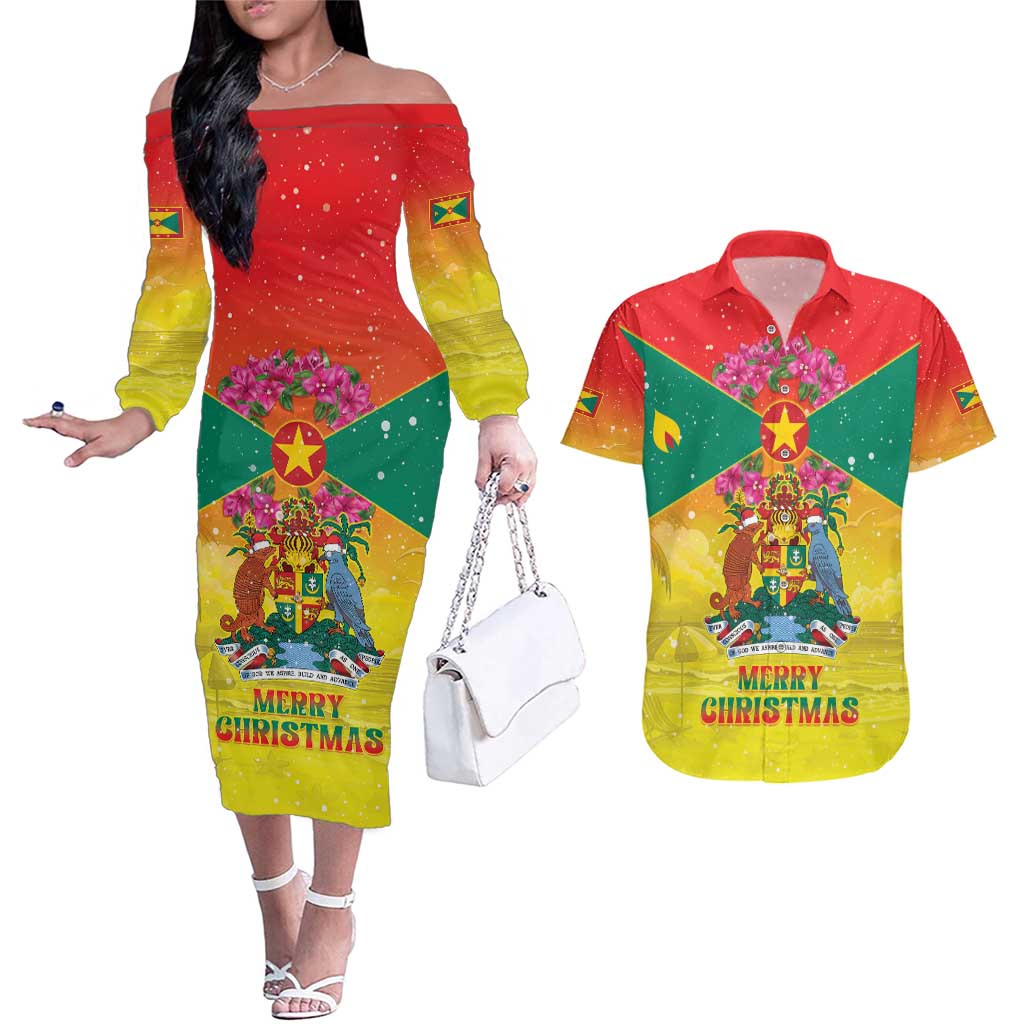 Personalized Grenada Christmas Couples Matching Off The Shoulder Long Sleeve Dress and Hawaiian Shirt Coat Of Arms Bougainvillea Wreath - Wonder Print Shop