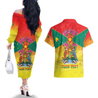 Personalized Grenada Christmas Couples Matching Off The Shoulder Long Sleeve Dress and Hawaiian Shirt Coat Of Arms Bougainvillea Wreath - Wonder Print Shop