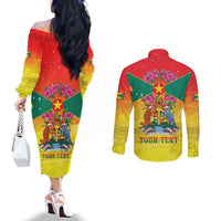 Personalized Grenada Christmas Couples Matching Off The Shoulder Long Sleeve Dress and Long Sleeve Button Shirt Coat Of Arms Bougainvillea Wreath - Wonder Print Shop