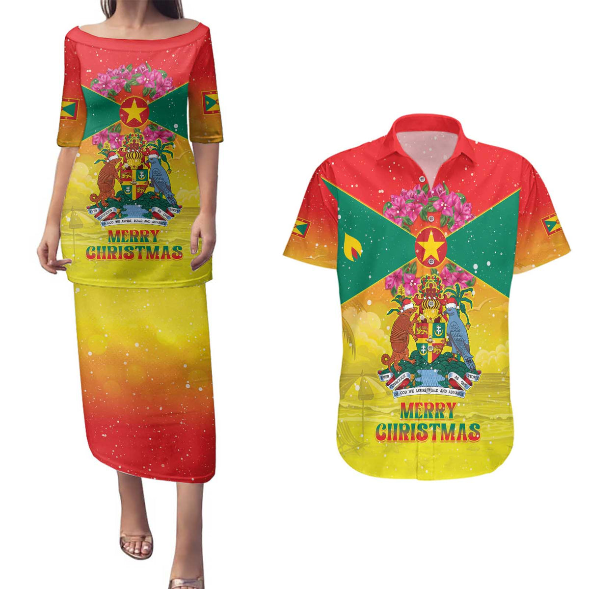 Personalized Grenada Christmas Couples Matching Puletasi and Hawaiian Shirt Coat Of Arms Bougainvillea Wreath - Wonder Print Shop
