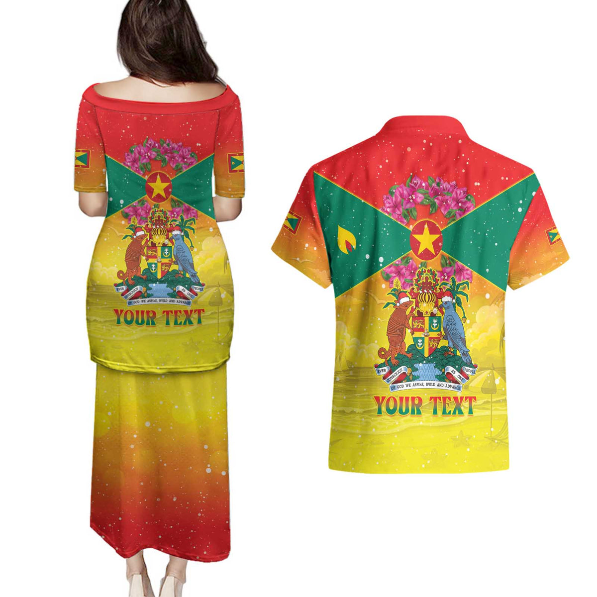 Personalized Grenada Christmas Couples Matching Puletasi and Hawaiian Shirt Coat Of Arms Bougainvillea Wreath - Wonder Print Shop