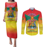 Personalized Grenada Christmas Couples Matching Puletasi and Long Sleeve Button Shirt Coat Of Arms Bougainvillea Wreath - Wonder Print Shop