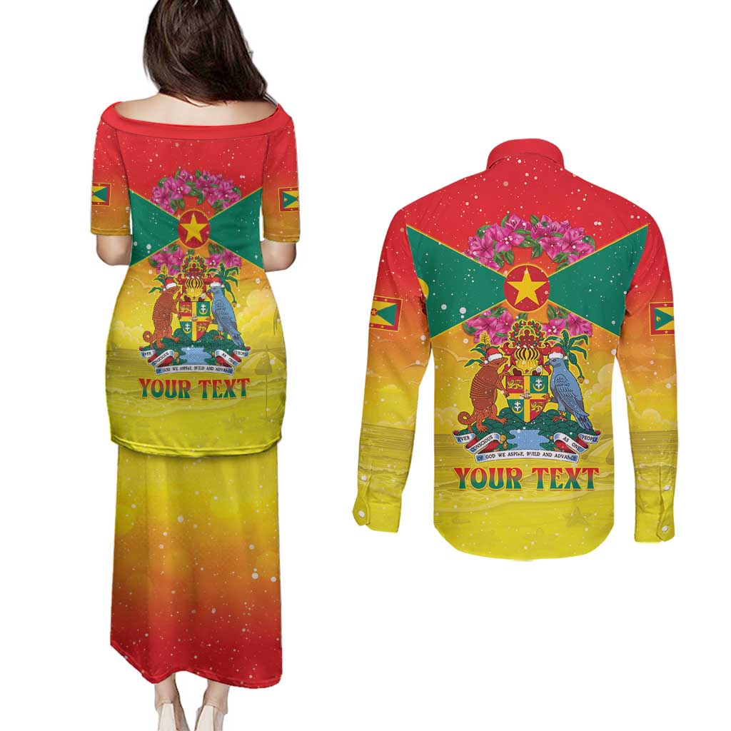 Personalized Grenada Christmas Couples Matching Puletasi and Long Sleeve Button Shirt Coat Of Arms Bougainvillea Wreath - Wonder Print Shop