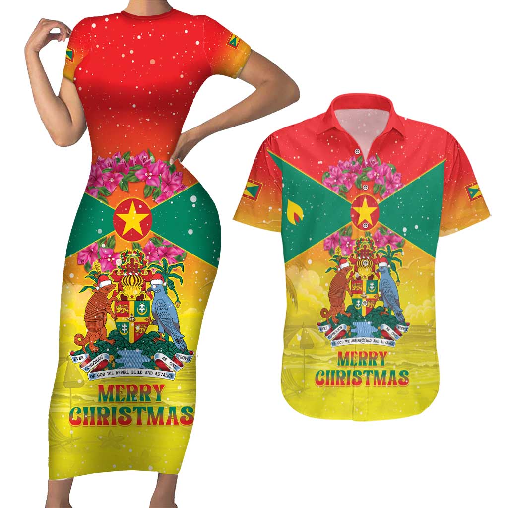 Personalized Grenada Christmas Couples Matching Short Sleeve Bodycon Dress and Hawaiian Shirt Coat Of Arms Bougainvillea Wreath - Wonder Print Shop