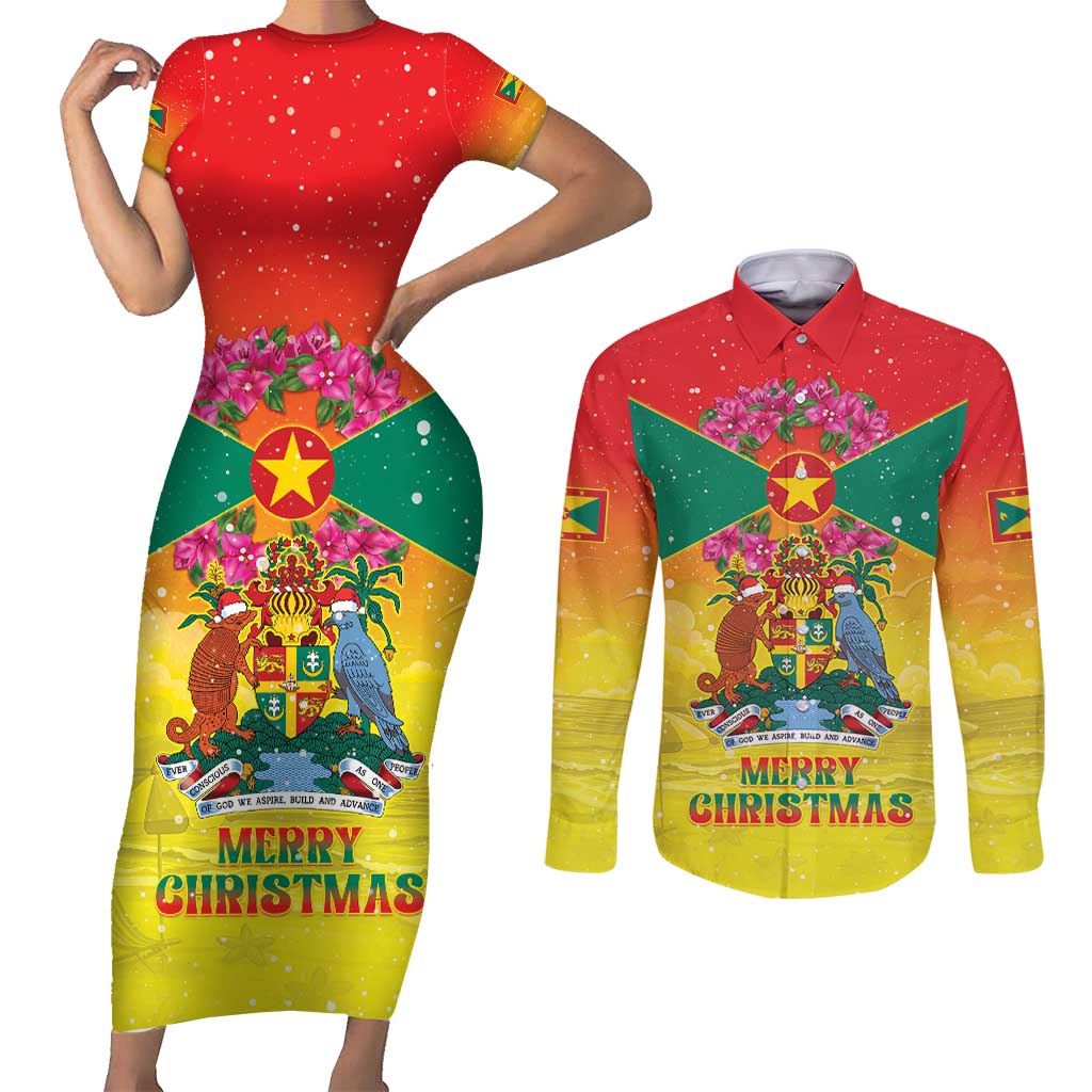 Personalized Grenada Christmas Couples Matching Short Sleeve Bodycon Dress and Long Sleeve Button Shirt Coat Of Arms Bougainvillea Wreath - Wonder Print Shop