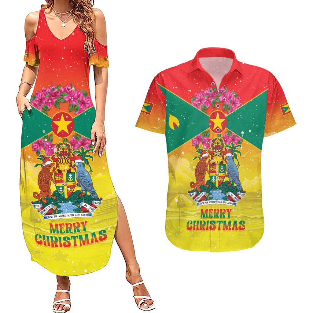 Personalized Grenada Christmas Couples Matching Summer Maxi Dress and Hawaiian Shirt Coat Of Arms Bougainvillea Wreath - Wonder Print Shop