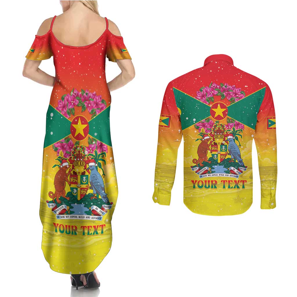 Personalized Grenada Christmas Couples Matching Summer Maxi Dress and Long Sleeve Button Shirt Coat Of Arms Bougainvillea Wreath - Wonder Print Shop