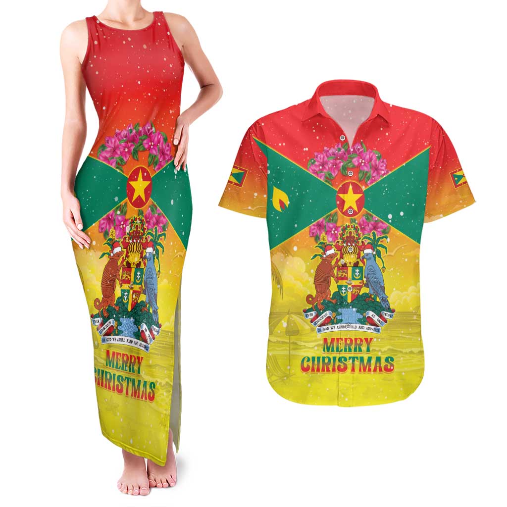 Personalized Grenada Christmas Couples Matching Tank Maxi Dress and Hawaiian Shirt Coat Of Arms Bougainvillea Wreath - Wonder Print Shop
